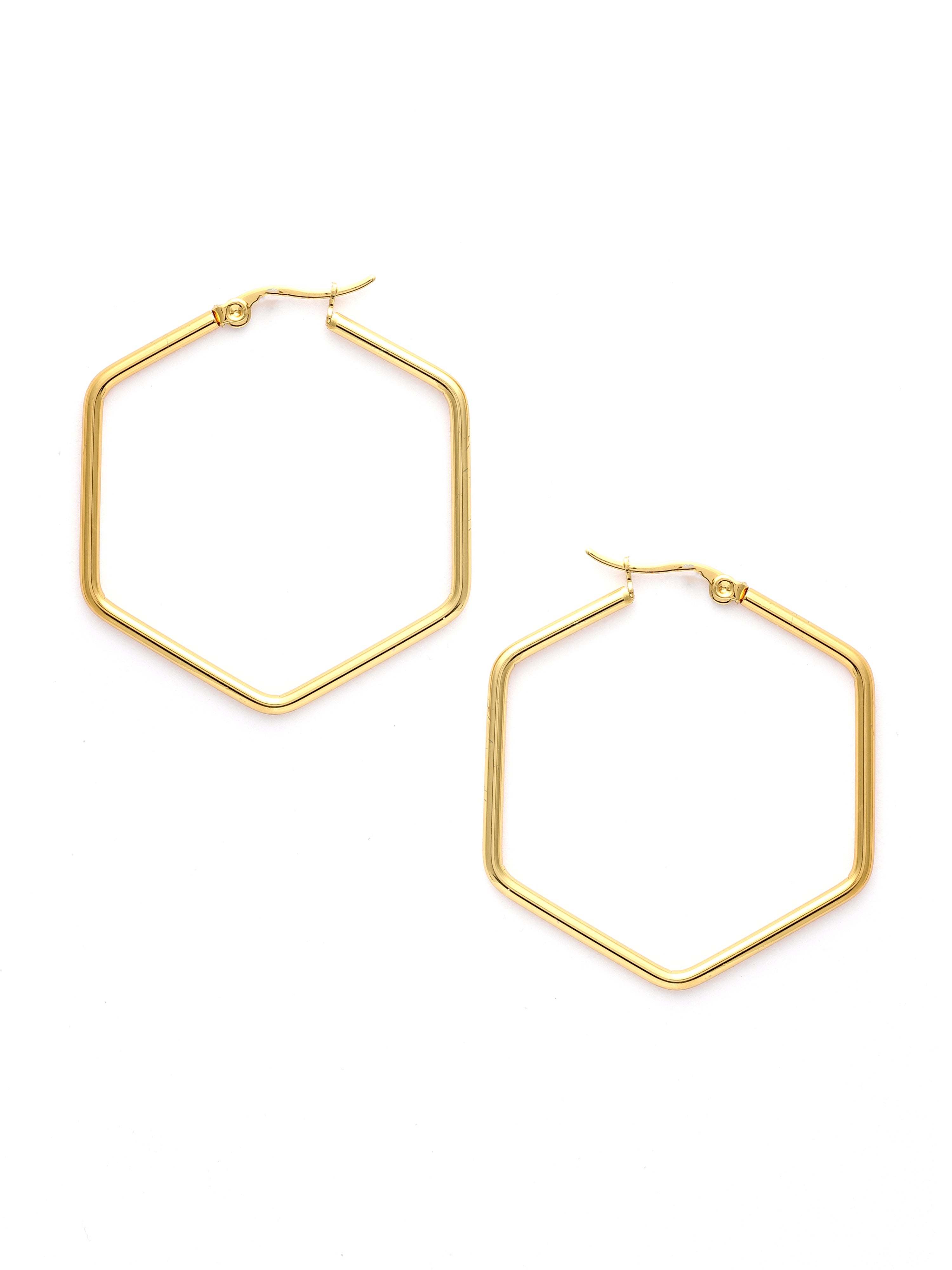 Gold hexagonal hoop earrings on a white background