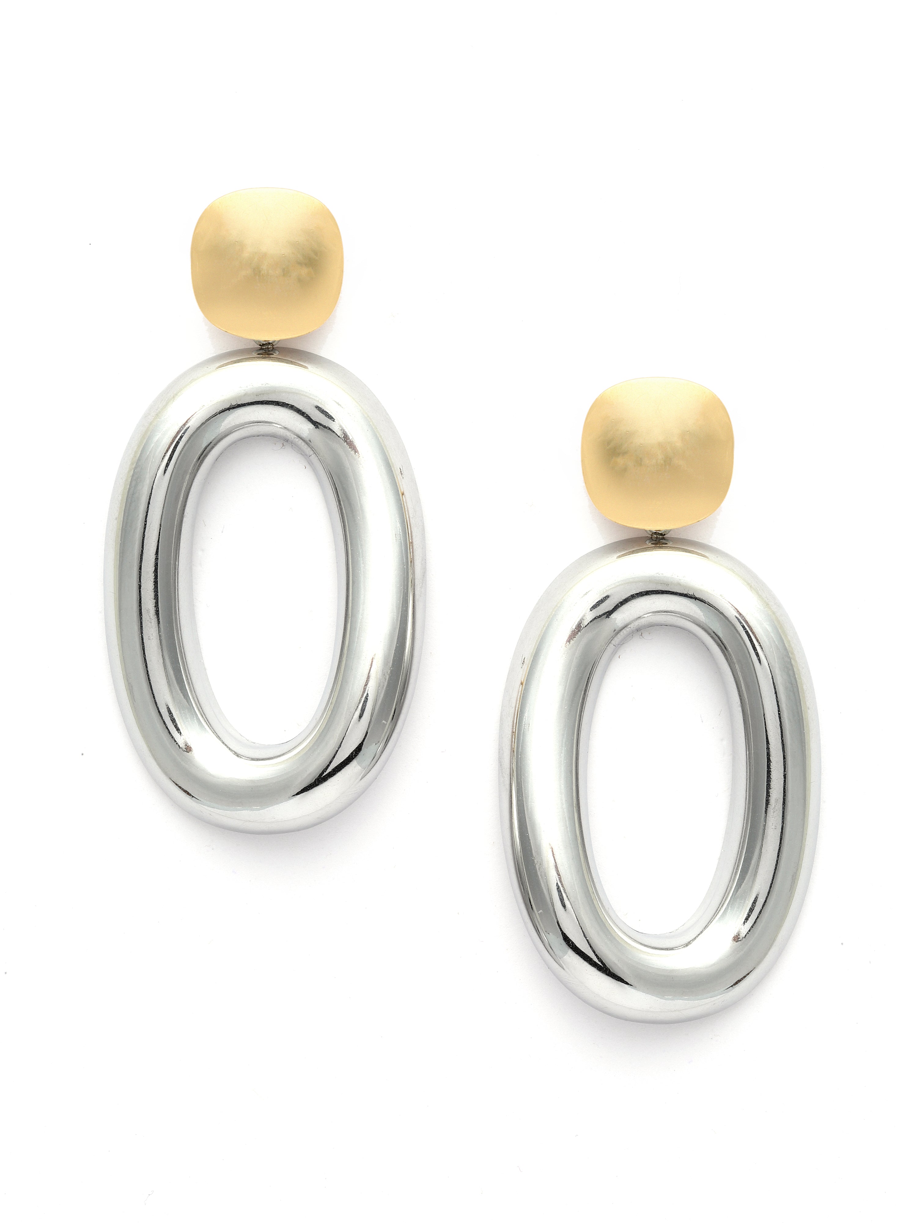 Pair of earrings with gold and silver designs on a white background