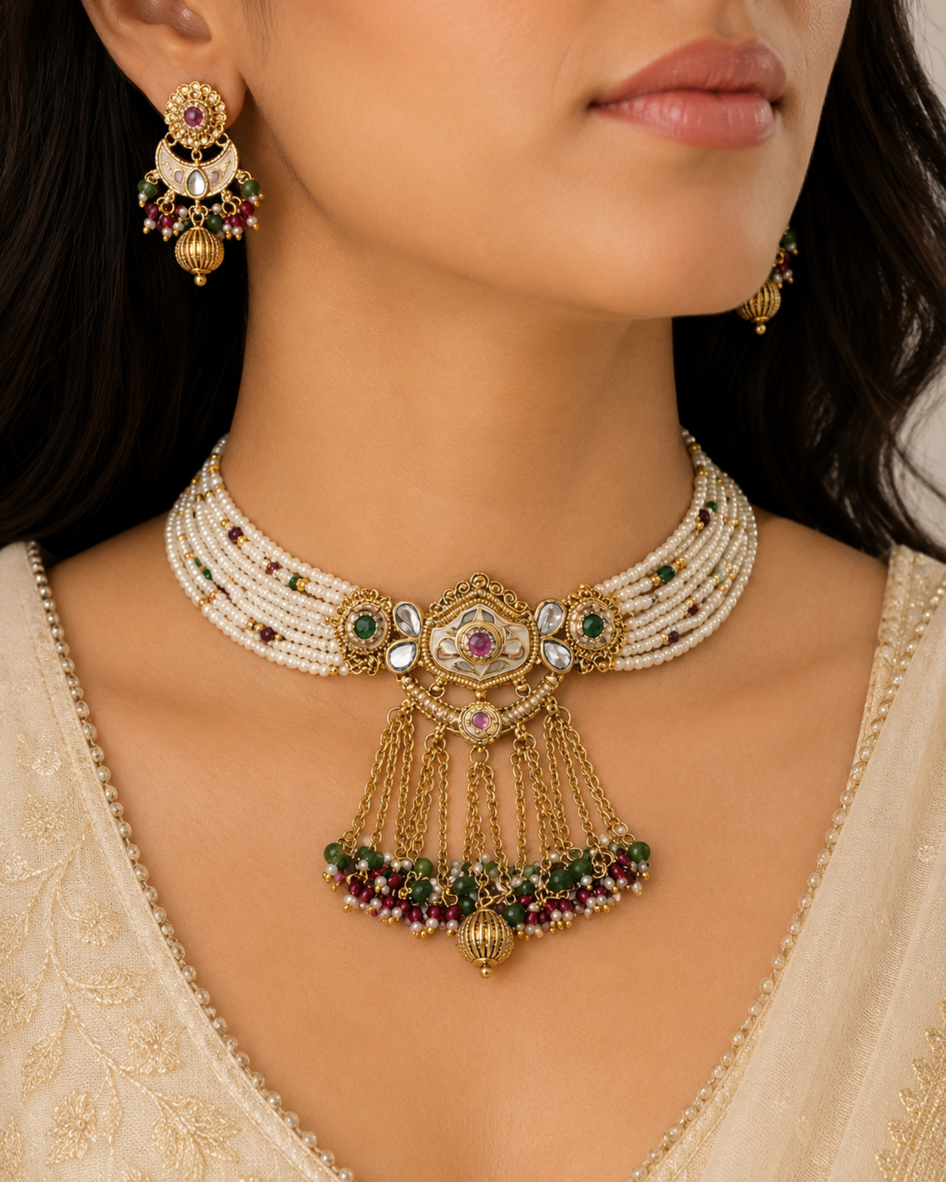 Close-up of a woman wearing a gold and pearl necklace with matching earrings.