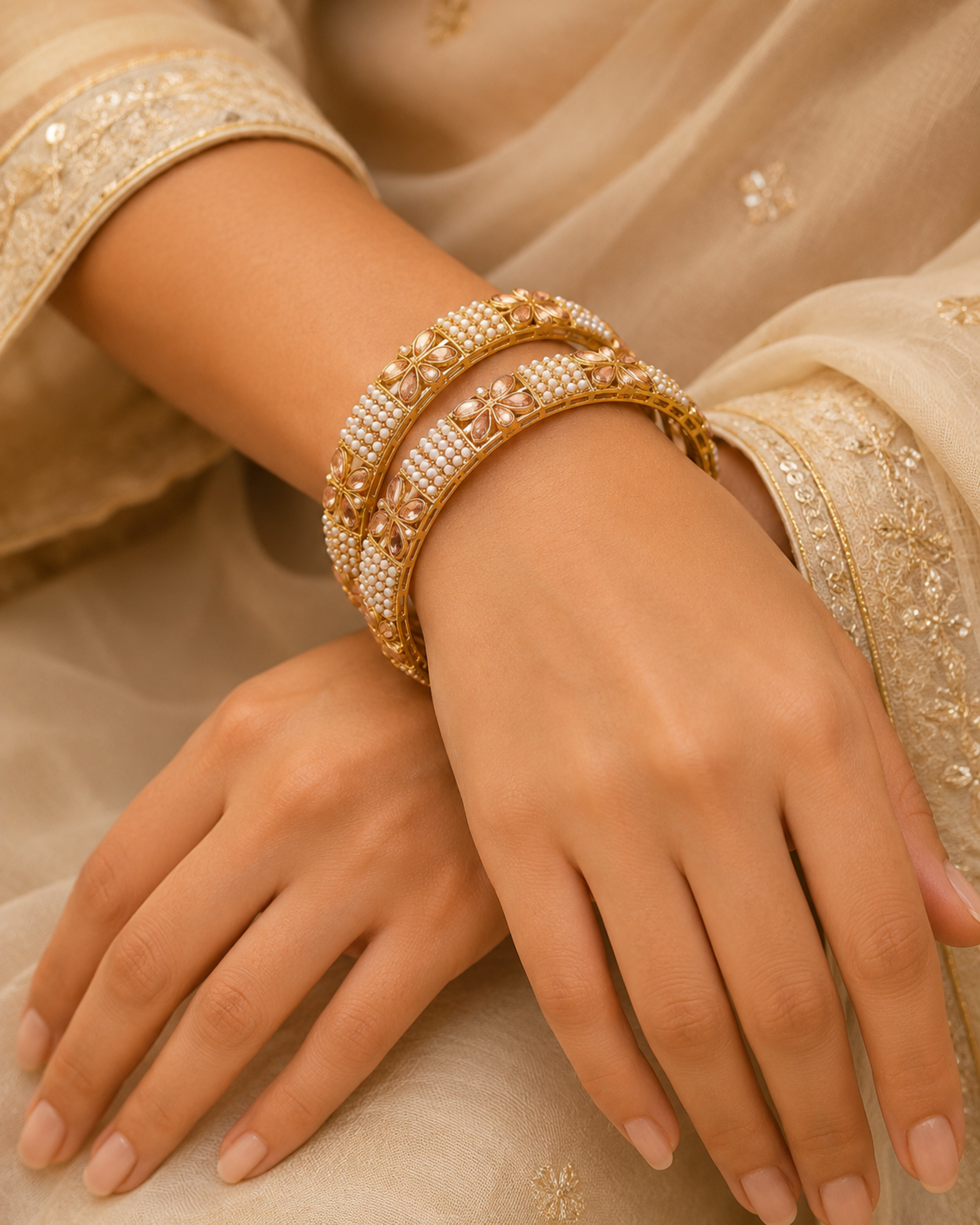 Close-up of a hand wearing a gold bracelet on a beige fabric background