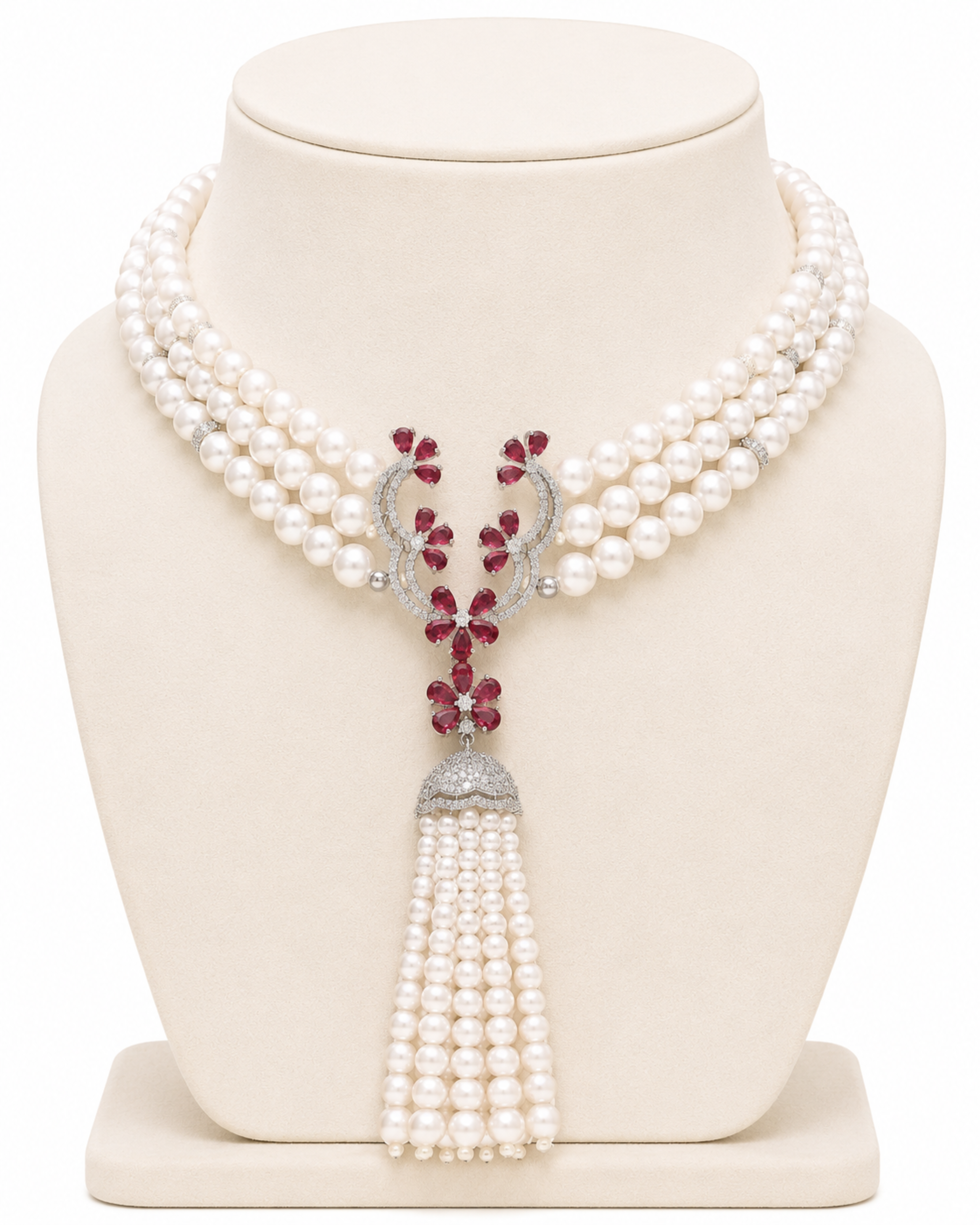 Pearl necklace with red gemstones and silver accents on a mannequin bust.
