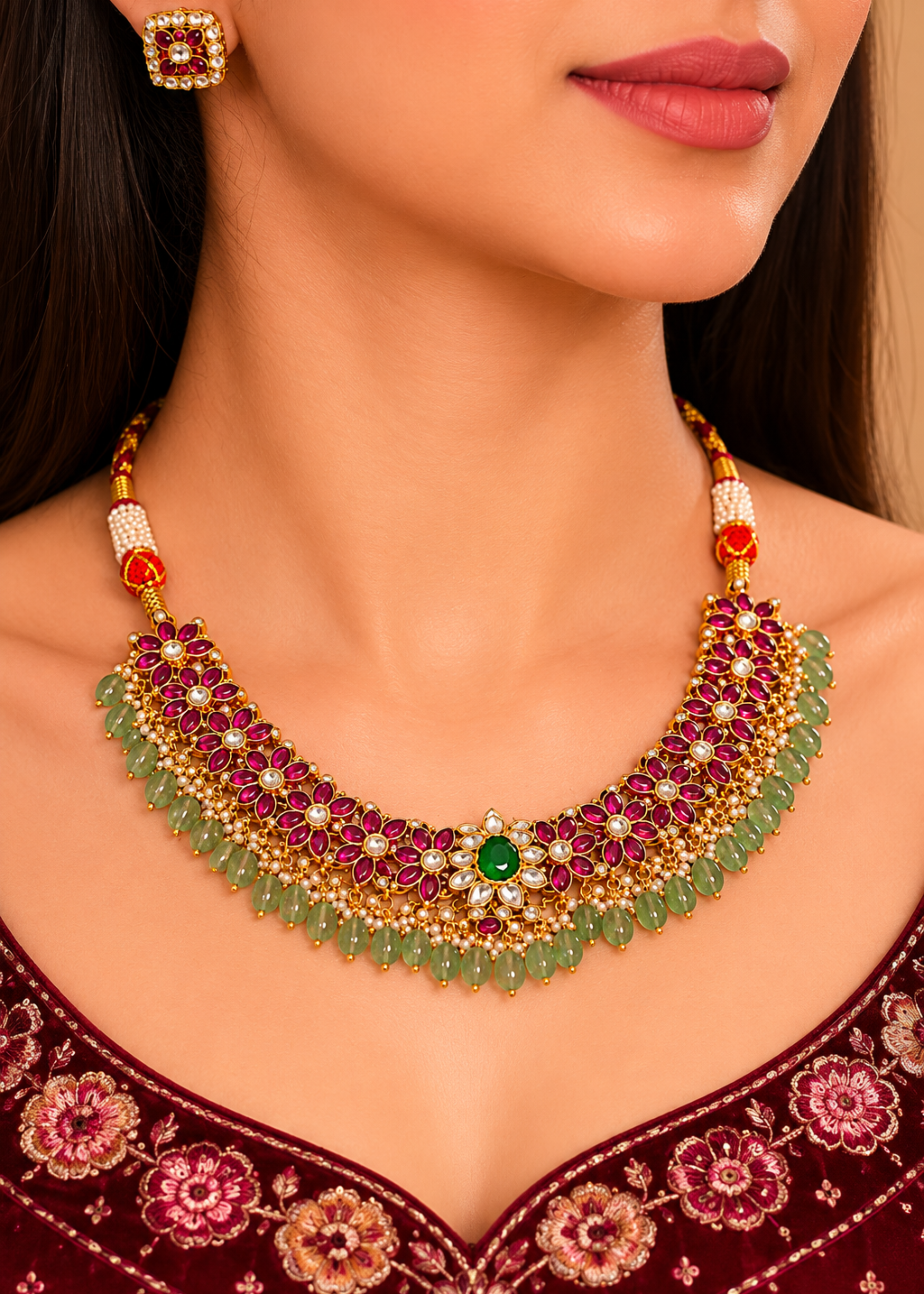 Close-up of a woman wearing a gold necklace with green and red stones, earrings, and a embroidered outfit.