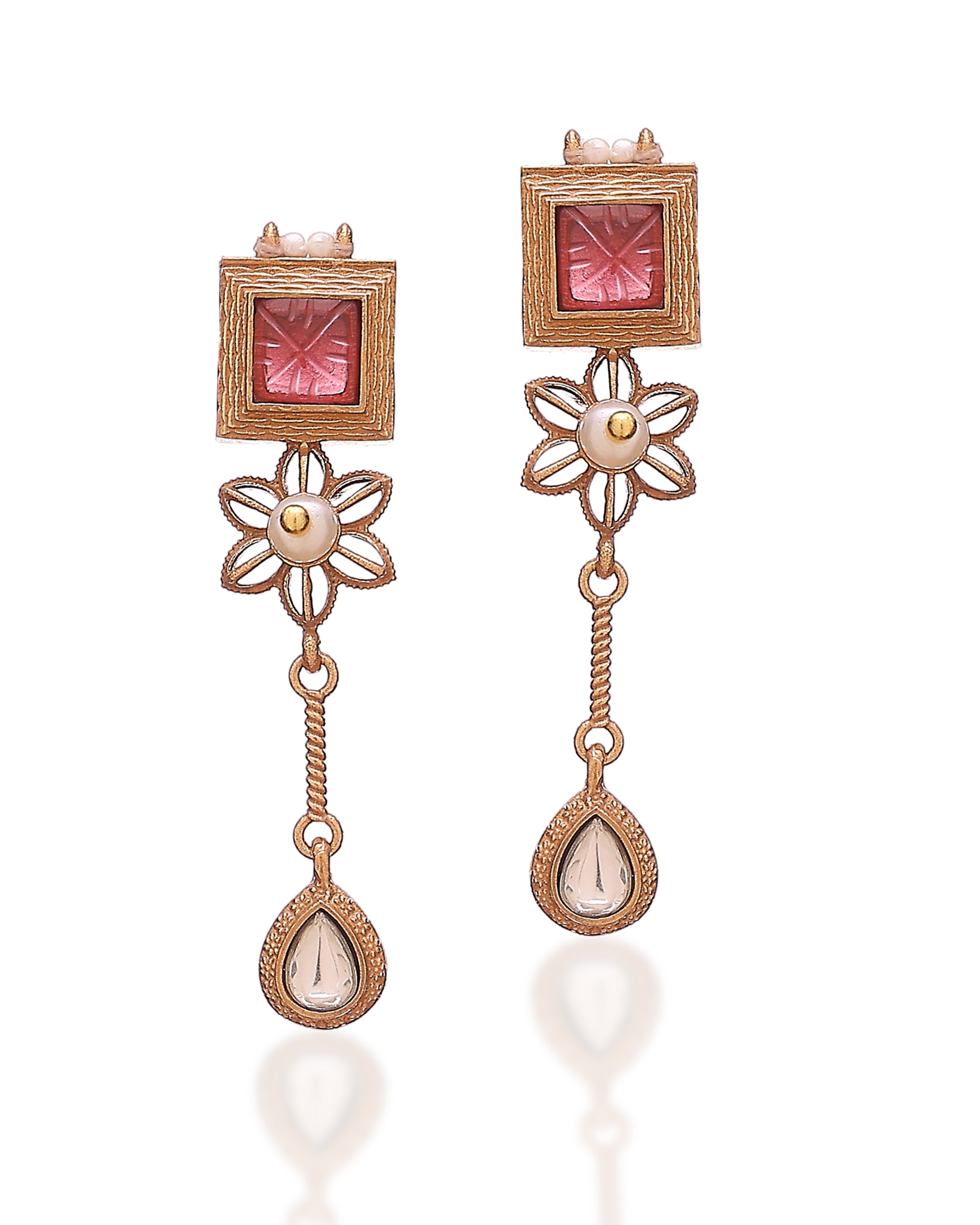 Rose gold earrings with pink gemstones on a white background
