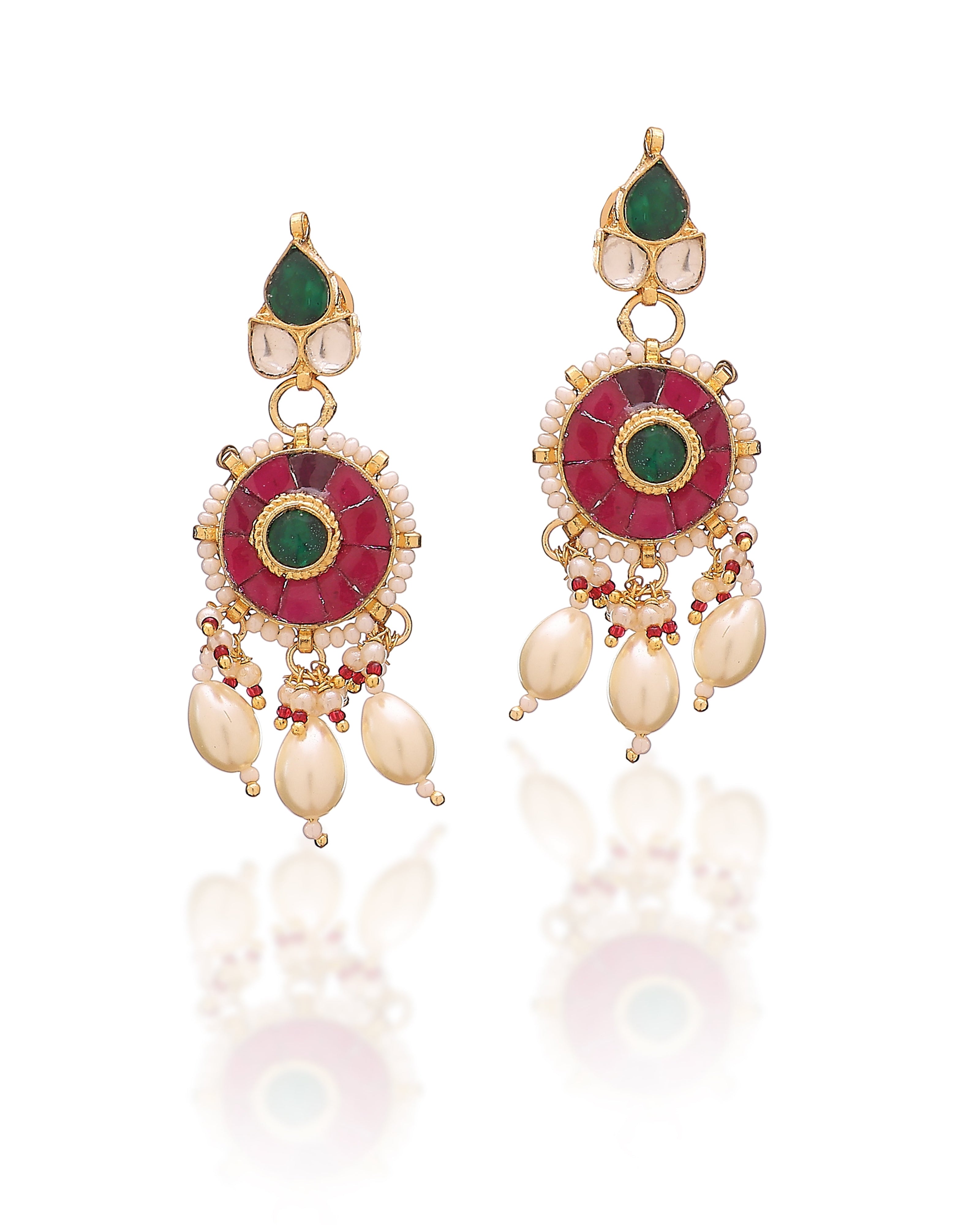 Ornate earrings with red, green, and gold colors on a white background