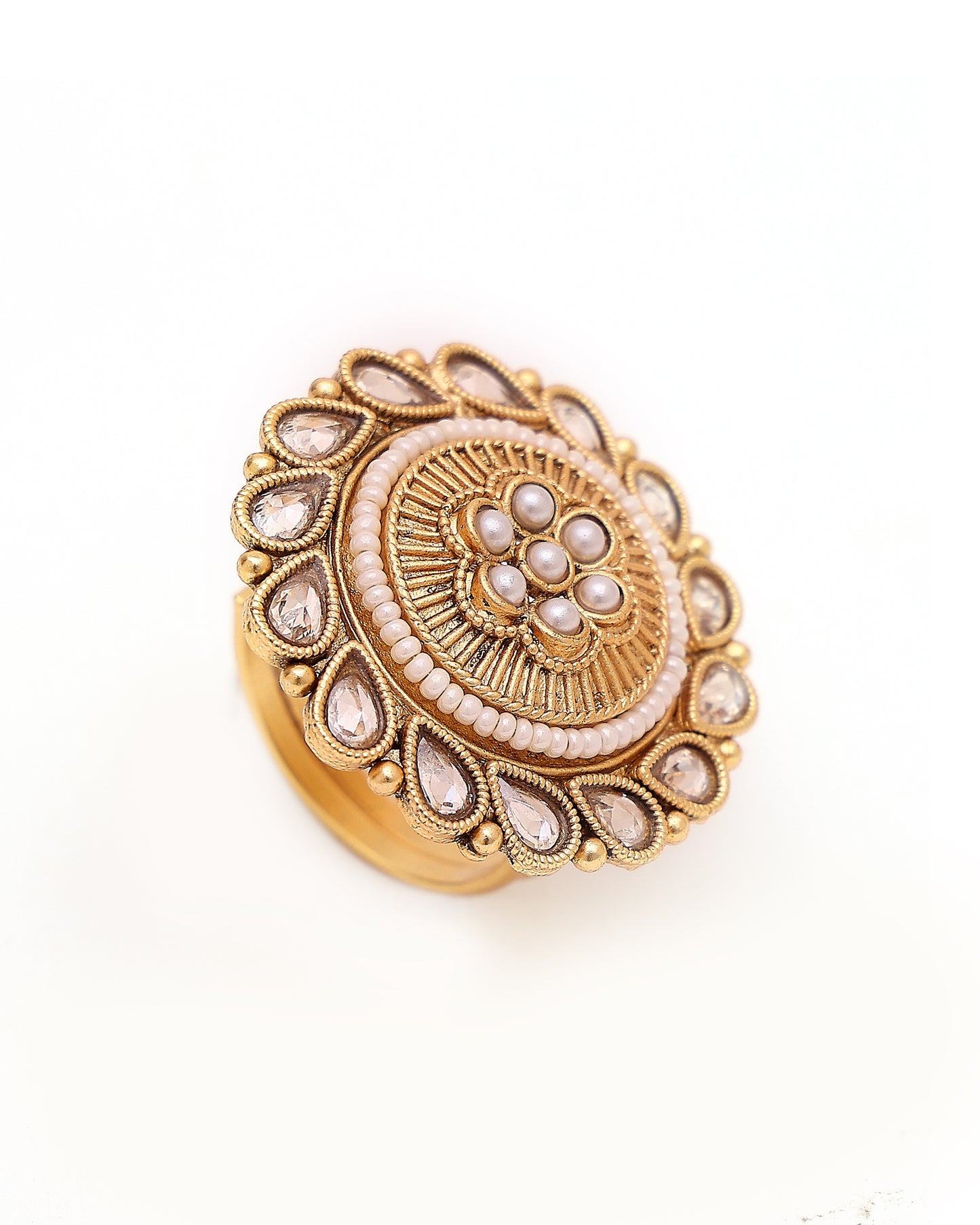 Gulnoor Antique Kundan Pearl Ring