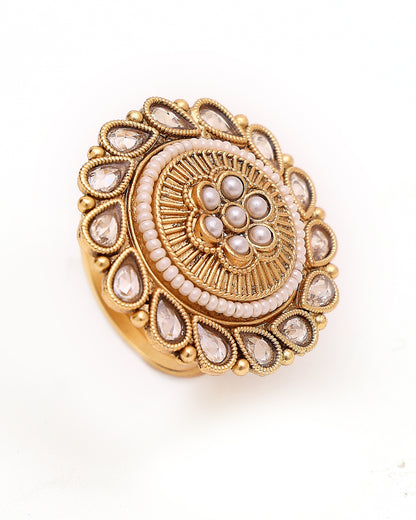 Gulnoor Antique Kundan Pearl Ring