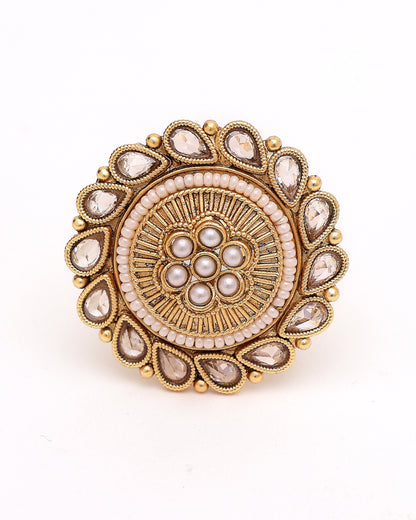 Gulnoor Antique Kundan Pearl Ring