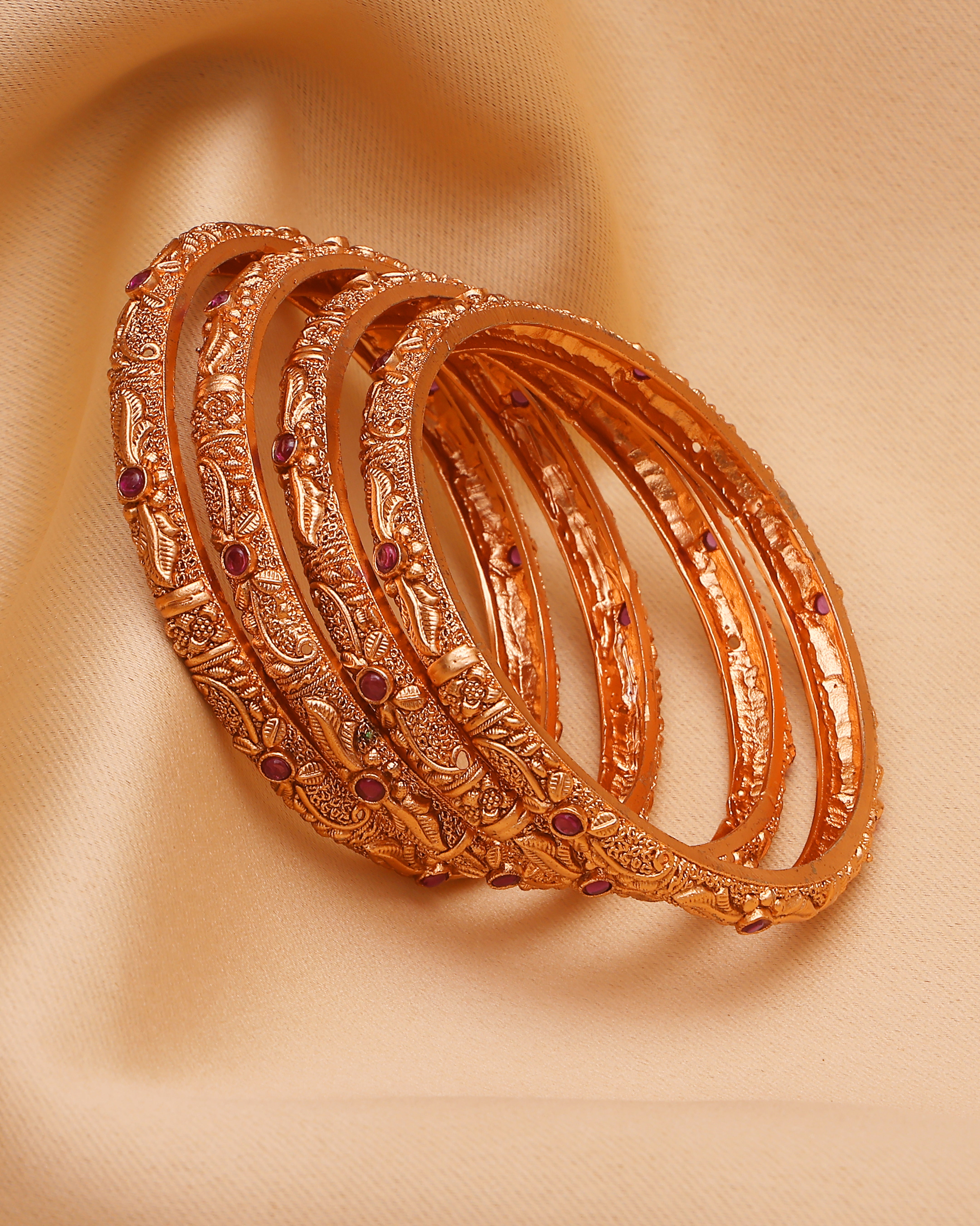 Antika Ruby Carved Temple Bangles (Set of 4)