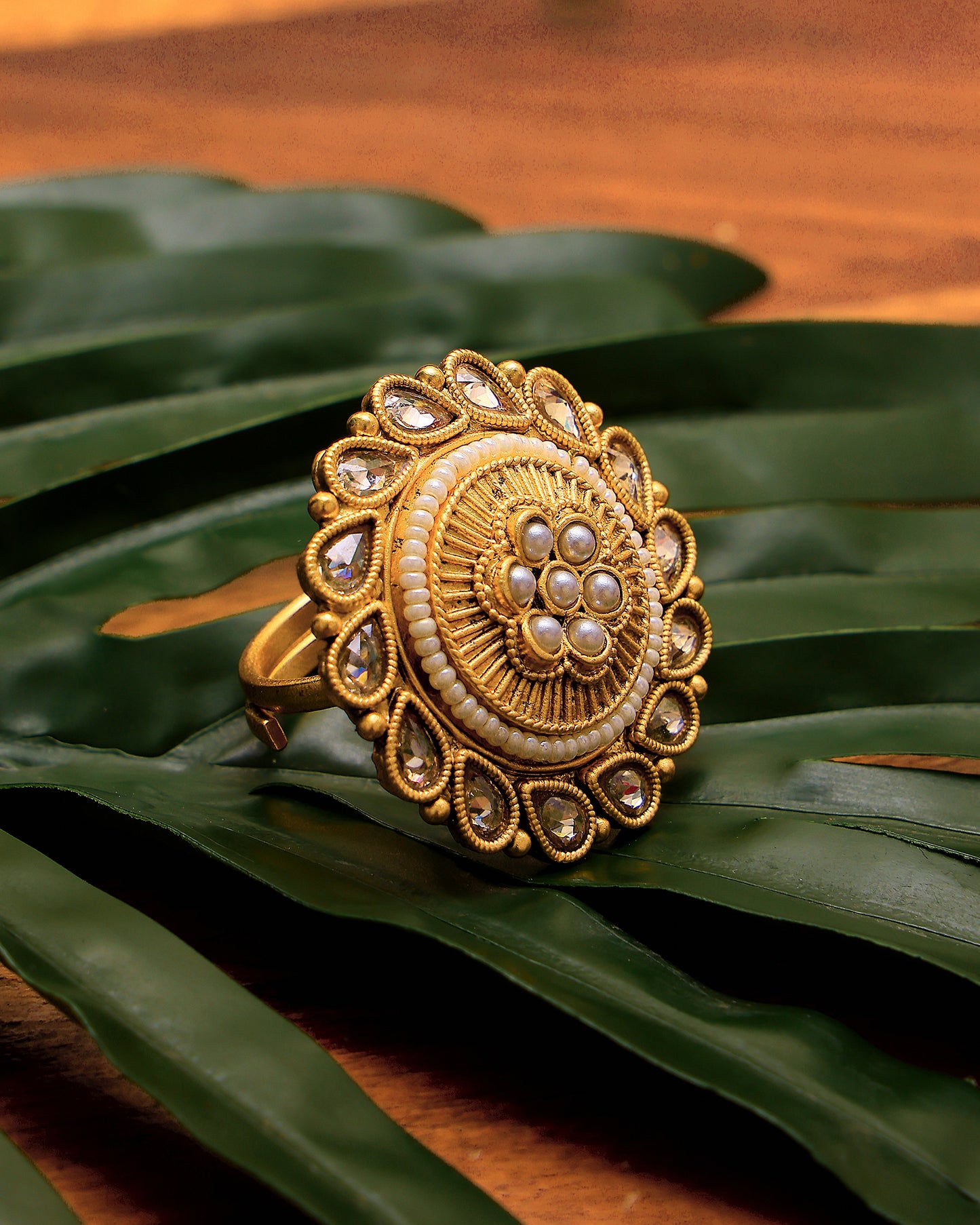 Gulnoor Antique Kundan Pearl Ring