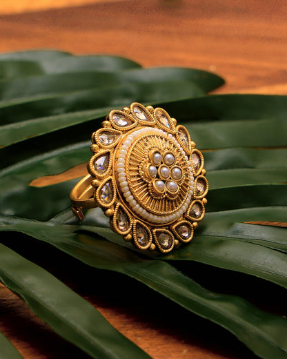 Gulnoor Antique Kundan Pearl Ring