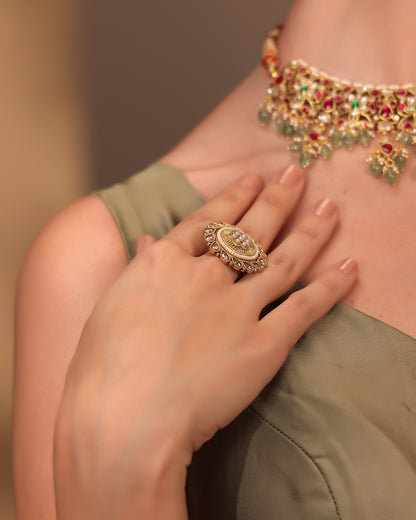 Gulnoor Antique Kundan Pearl Ring