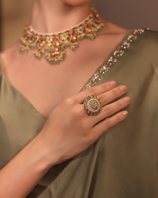 Gulnoor Antique Kundan Pearl Ring