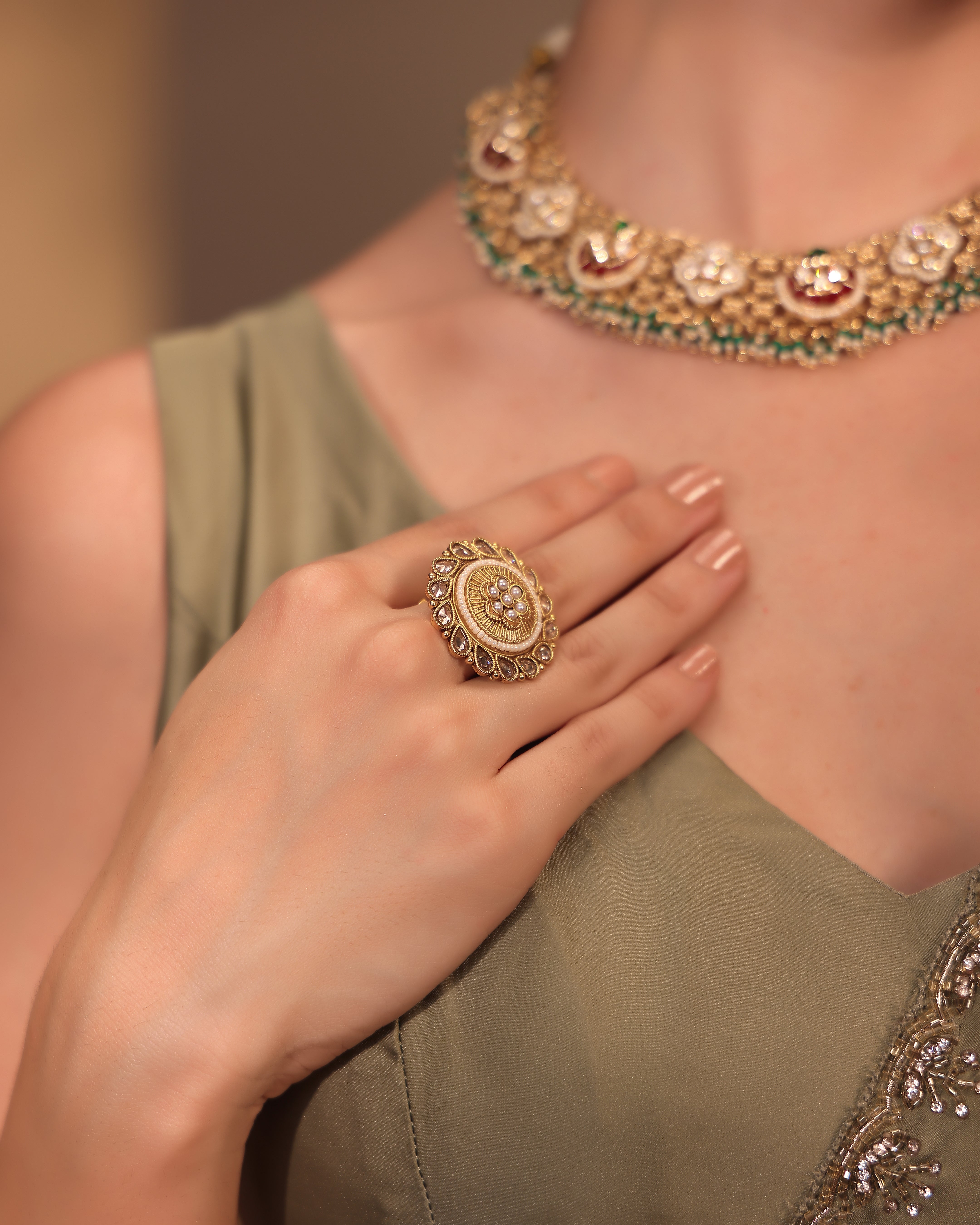 Gulnoor Antique Kundan Pearl Ring
