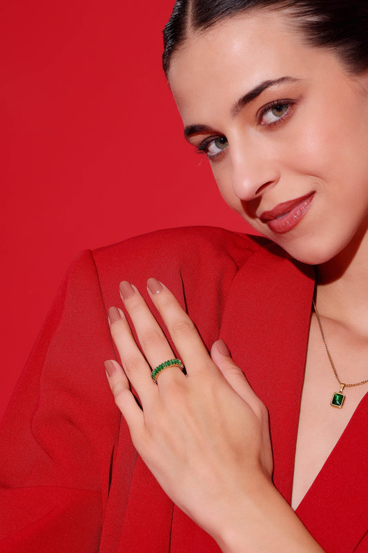 Model wearing Emerald Baguette Ring – side profile