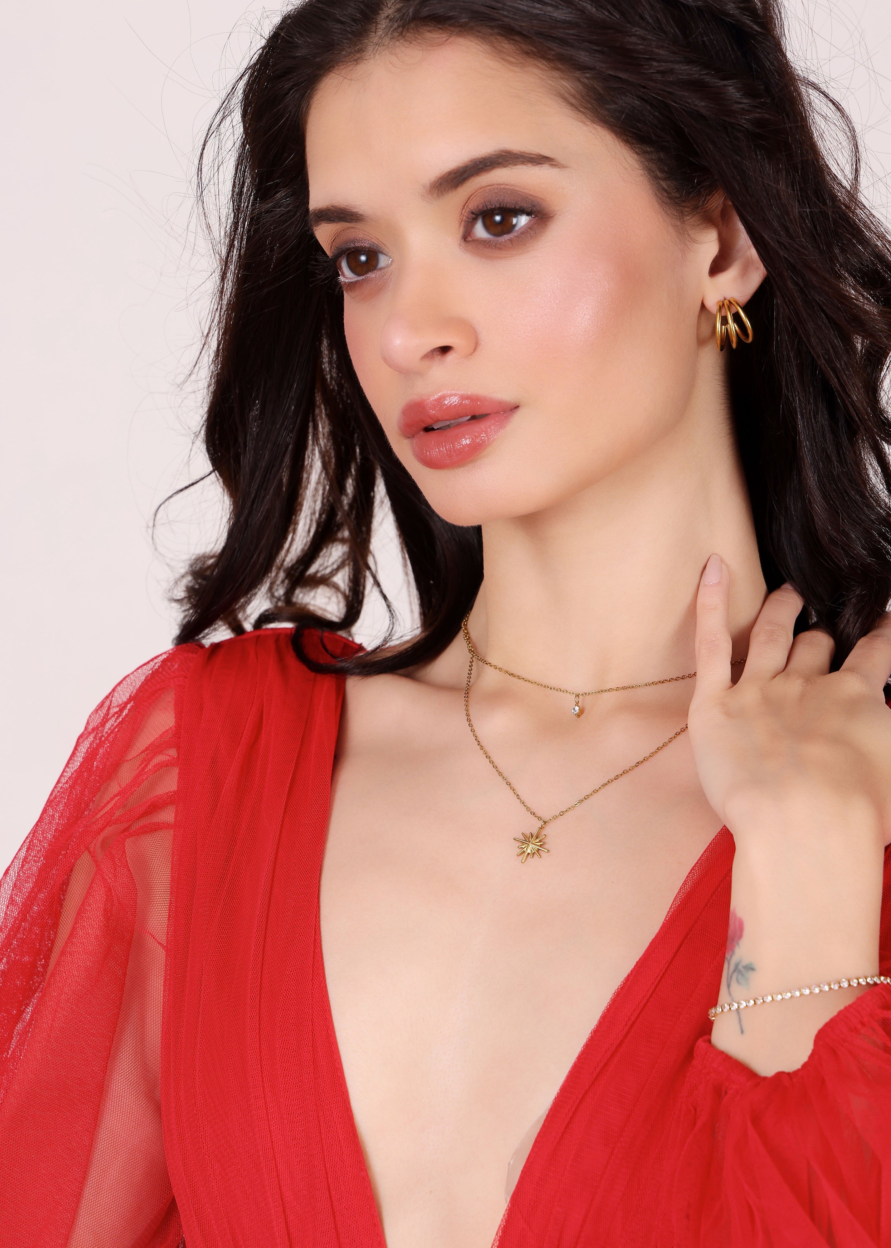 Model wearing Starlight Layered Necklace – front view