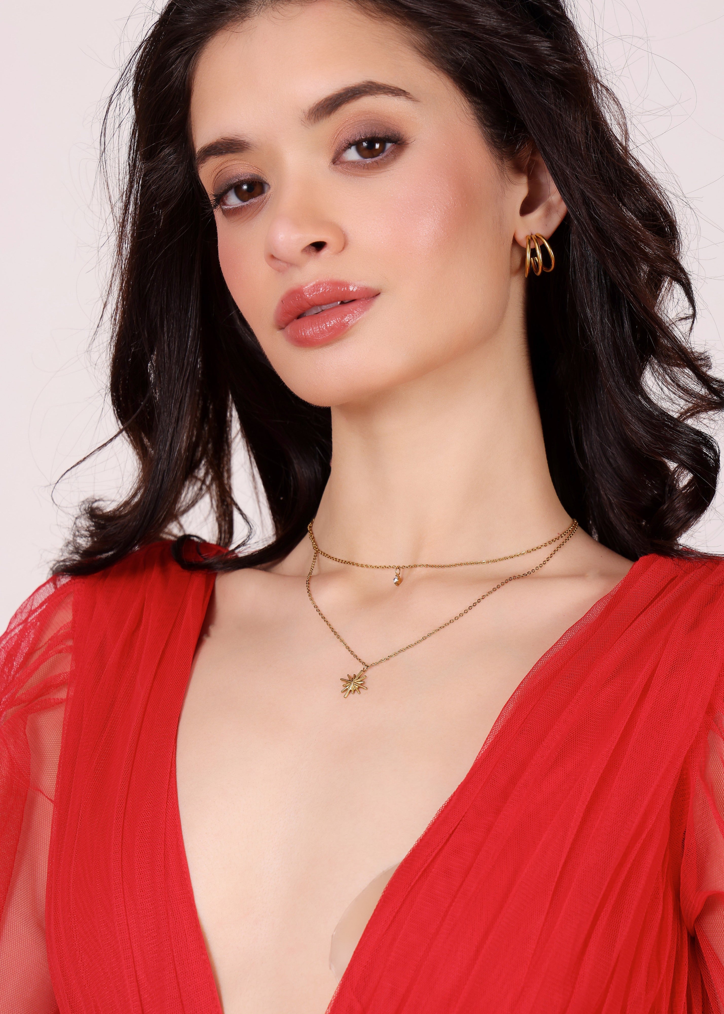 Model wearing Starlight Layered Necklace – side profile