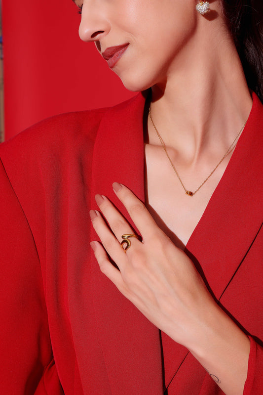 Model wearing Textured Band Ring – side profile